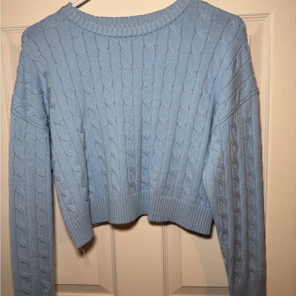 Cropped Sky Blue Cable Knit Crewneck Sweater